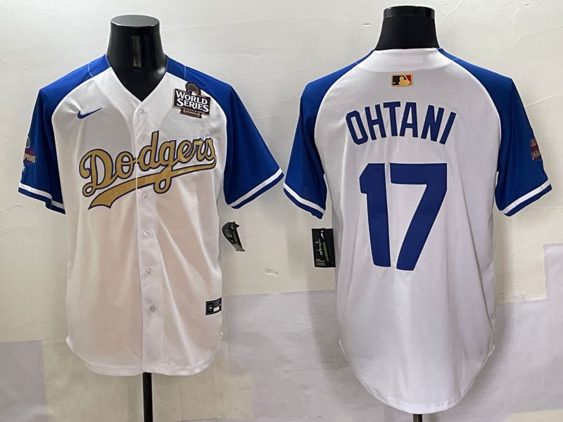 Men Los Angeles Dodgers 17 Ohtani White Blue Champion gold character Nike 2025 MLB Jersey style 50516